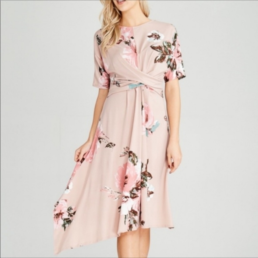 Kayla's Armoire Floral Faux-Wrap Assymetric Dress